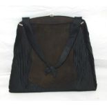 Ladies 1930s Ruched Silk & Nubuck Leather Handbag with marcasite detail