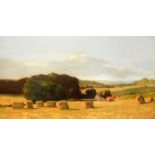 Mid C20th Framed Oil on Canvas Panoramic Rural Scene with hay stooks, red roofed buildings, small