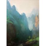 C20th Oil on Canvas Dramatic Ravine with river running through, grassy banks, dated 1990, signed