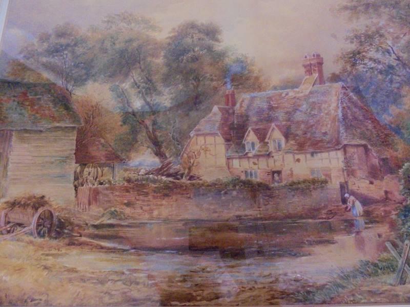 Large F/g Watercolour Period Country House with pond, hay rick & lady drawing water from a well, - Image 3 of 3