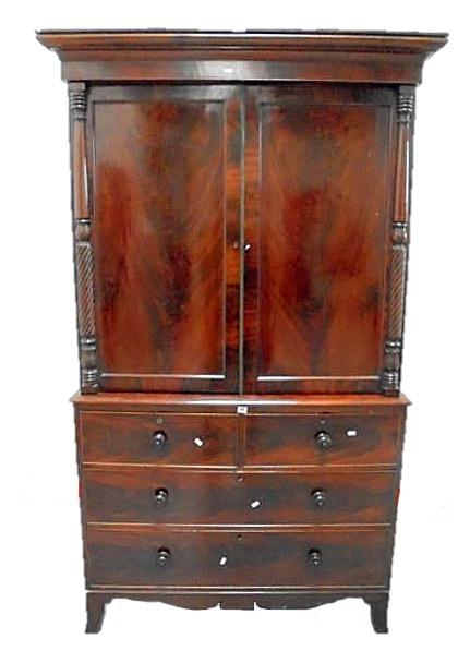 Early C19th Mahogany Linen Press, lower section with 2 long & 2 short drawers, on splayed bracket
