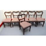 Set 6 C19th Rosewood Balloon Back Dining Chairs on turned front supports, overstuffed seats 6)