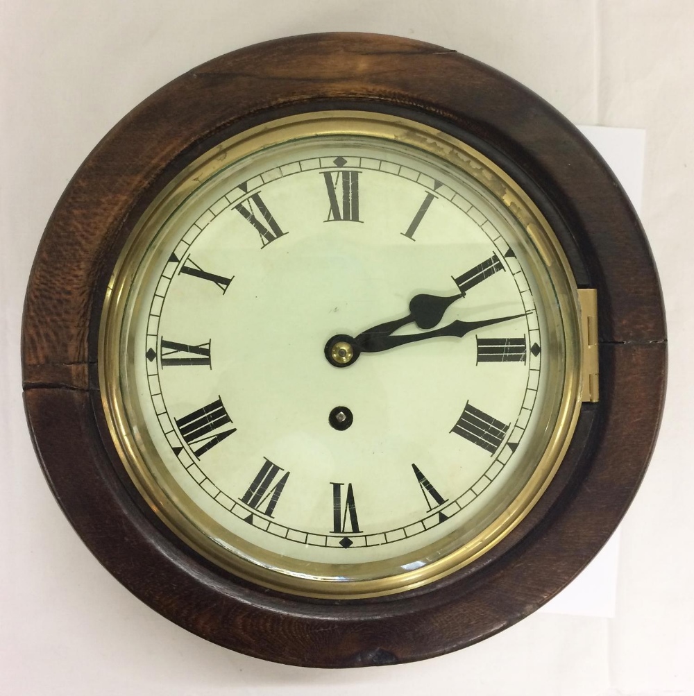 Early C20th Oak Cased Single Fusee Dial Clock with cream painted 8 1/2" dial, Roman numerals, cast