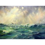 Early C20th Oil on Canvas 3 Masted Ship in stormy sea with stormy sky, signed J Millington (John