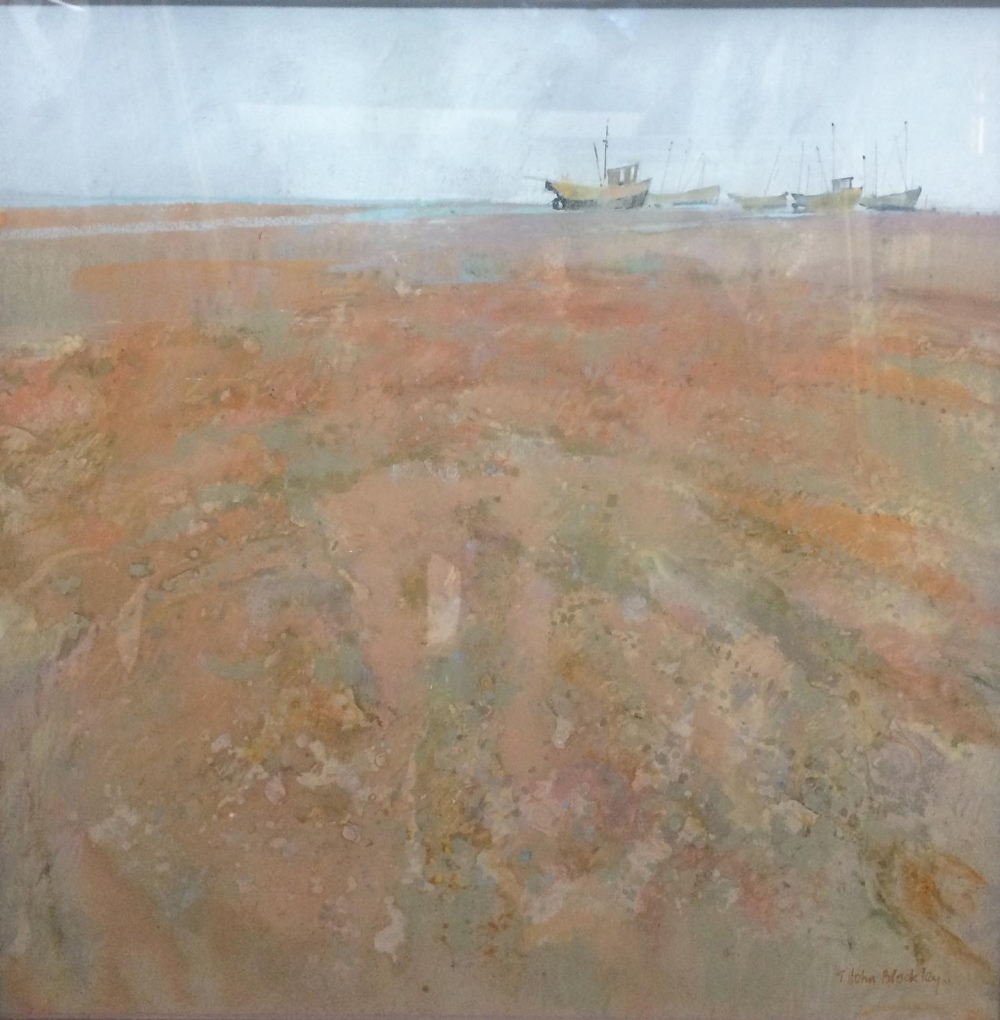 C20th Pastel 'Beach Kent' by GJ Blockley, exhibited at the Pastel Society 1988, approx. 19 1/2" x 19