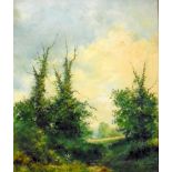 Mid C20th Oil on Canvas Rural Scene 'Running Free' with sheepdog on pathway amongst tall trees,