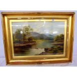 F/g Oil on Canvas River Scene with hills to distance, wooded banks, signed W Fox, approx. 24" x 16"