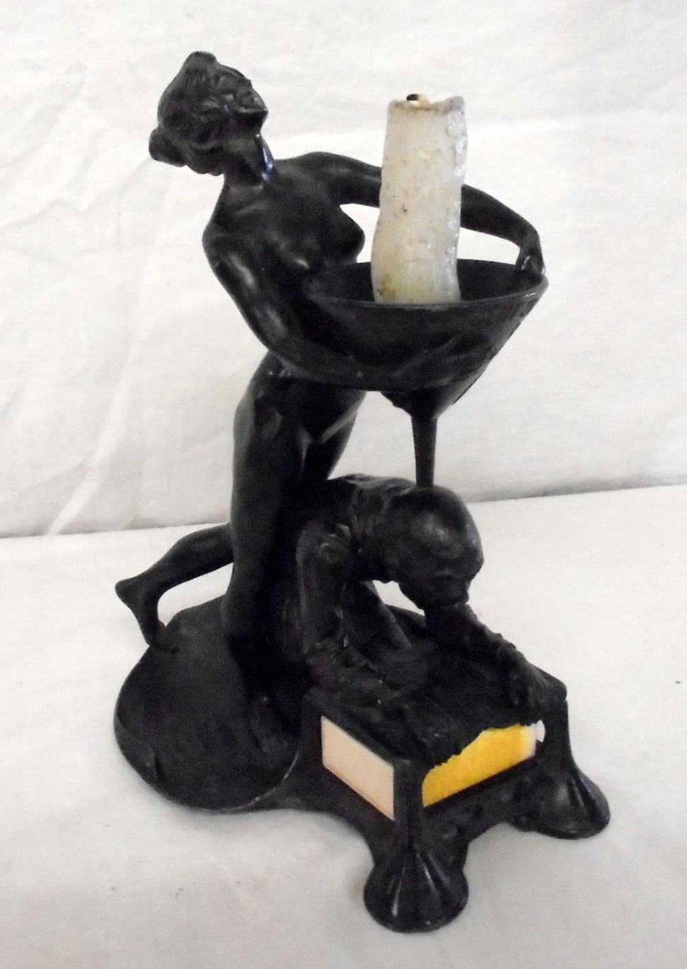 Early C20th German Spelter Candle/Match Holder modelled as gentleman kneeling on lily pad over a - Image 3 of 3