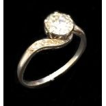 Ladies Platinum Solitaire Diamond Ring approx. 1ct with bifurcated shoulders each set with 7 rose