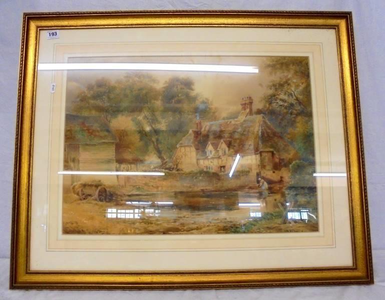 Large F/g Watercolour Period Country House with pond, hay rick & lady drawing water from a well, - Image 2 of 3