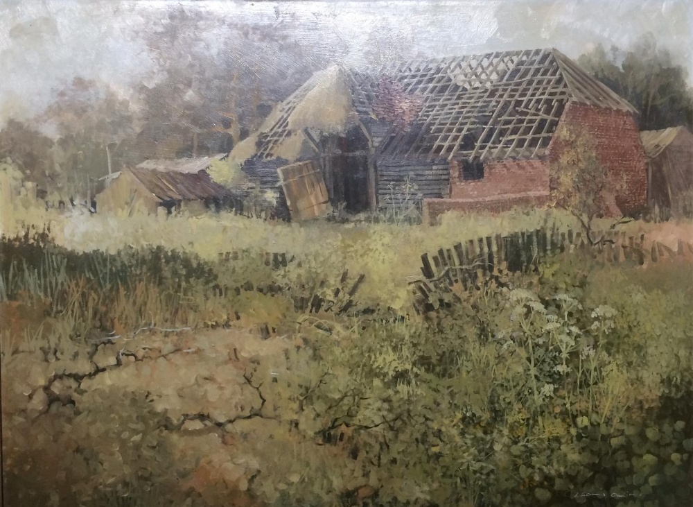 Framed Oil on Board Barn in rural setting, signed Leon Omin??, approx. 24" x 18"