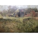 Framed Oil on Board Barn in rural setting, signed Leon Omin??, approx. 24" x 18"