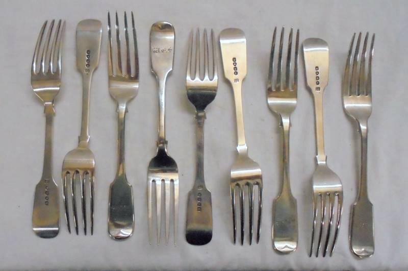 C19th Silver Fiddle Pattern Dining Forks, maker SHDC, 3 London 1853 & 6 London 1859 (9)