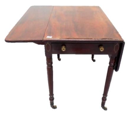 Unusual Regency Mahogany Pembroke Table with brass inlay, frieze drawer, on turned supports with