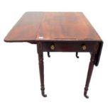 Unusual Regency Mahogany Pembroke Table with brass inlay, frieze drawer, on turned supports with