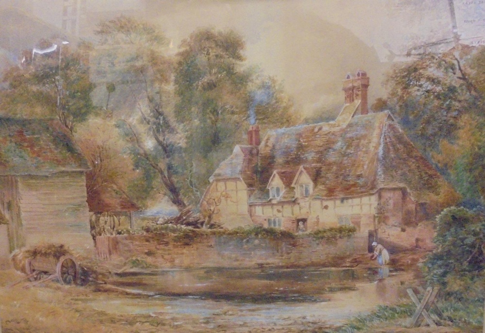 Large F/g Watercolour Period Country House with pond, hay rick & lady drawing water from a well,