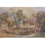 Large F/g Watercolour Period Country House with pond, hay rick & lady drawing water from a well,