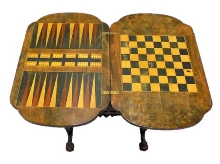 C19th Walnut Games & Worktable with marquetry inlay, boxwood strung, swivel top set with chess, crib