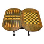 C19th Walnut Games & Worktable with marquetry inlay, boxwood strung, swivel top set with chess, crib