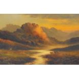 Oil on Canvas Highland Cattle with sun setting over mountains, signed, in gilt frame, approx. 20"