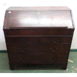 Early C18th Oak Bureau, fall enclosing curved interior nest, pigeon holes & drawers with internal