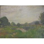 Early C20th Oil on Board 'River Scene' rural landscape, by F Ernest Jackson, in swept gilt frame,