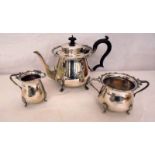 Silver 3 Piece Tea Set on 3 animal paw supports, frilled rim, ebonised wood fittings: teapot,