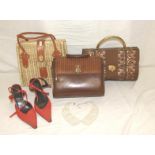 3 Ladies Handbags, wicker, leather look & fabric covered, pair Vero Cuoio Red Beaded Evening Shoes &