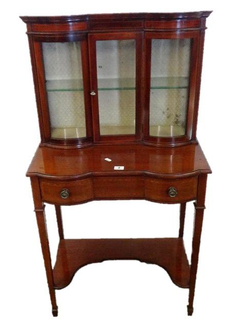 Small Edwardian Hall Table on square tapering spade footed supports, shaped frieze drawer, glazed