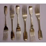 6 C19th Silver Fiddle Pattern Dessert Forks, 3 by George Angel, 2 by H & H,& 1 by IH&CL