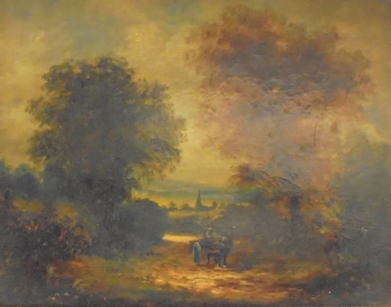 C19th Oil on Canvas Rural Scene with figure on cart with horse in wooded lane with church spire &