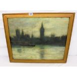 Late C19th/Early C20th Oil on Canvas View Thames looking towards Houses of Parliament with