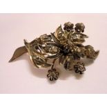 C19th Austrian? White & Yellow Metal Brooch set mine cut diamonds in form of flower with leaves &