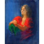 Glamour Portrait 'Moira' brunette wearing low cut red dress, sitting in green chair by Louis Shabner