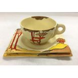 Clarice Cliff Bizarre Biarritz Coral Firs Rectangular Plate & Saucer & Circular Cup, all pieces