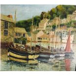Large Early C20th Oil on Canvas Fowey Harbour with small dinghies moored, building on shoreline,