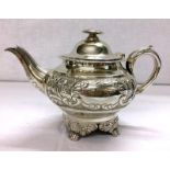 C19th Victorian Silver Bachelor Teapot with circular body, band of embossed c-scroll & flowers,