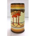 Clarice Cliff Coral Firs Cylindrical Vase with brown/orange/ochre ribbed collar & foot rim,