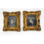 Pair C19th Oils on Board Portraits men wearing period dress with ruff style collars, in swept gilt