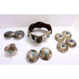 E Spencer Floral Vintage Silver Brooch set with turquoise with matching Ring, Pair of Earrings,