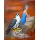 Glamour Portrait 'Zeta' wearing long blue dress with yellow bead necklace, with eagle by Louis