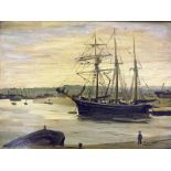 Oil on Panel 3 Masted Ship moored near shoreline with other boats, figure to fore, inscribed to