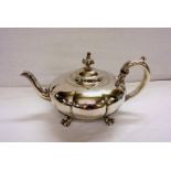 C19th Paul Storr Silver Teapot, melon shaped fluted body with flambé finial, on 4 scroll supports,