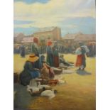 Late C19th/Early C20th Hungarian Oil on Canvas Busy Market Scene In Pest with figures wearing