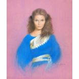 Glamour Portrait 'Sabina' brunette wearing blue dress & white sash by Louis Shabner