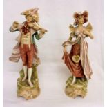 Pair Large Royal Dux Figurines Musicians No. 316 & 317, boy playing violin & female dancer, on