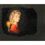 Glamour Portrait 'Tamsin' blonde hair, wearing red top, beside lighted candle by Louis Shabner