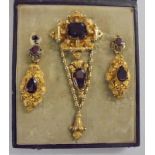 9ct Gold Garnet Set Brooch & Matching Earring Set in fitted case