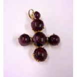 C19th? Polished Native Rubies? in yellow metal clasps with suspension loop