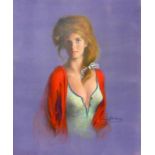 Portrait Lady with auburn hair wearing red cardigan, painted 1981 by Louis Shabner
